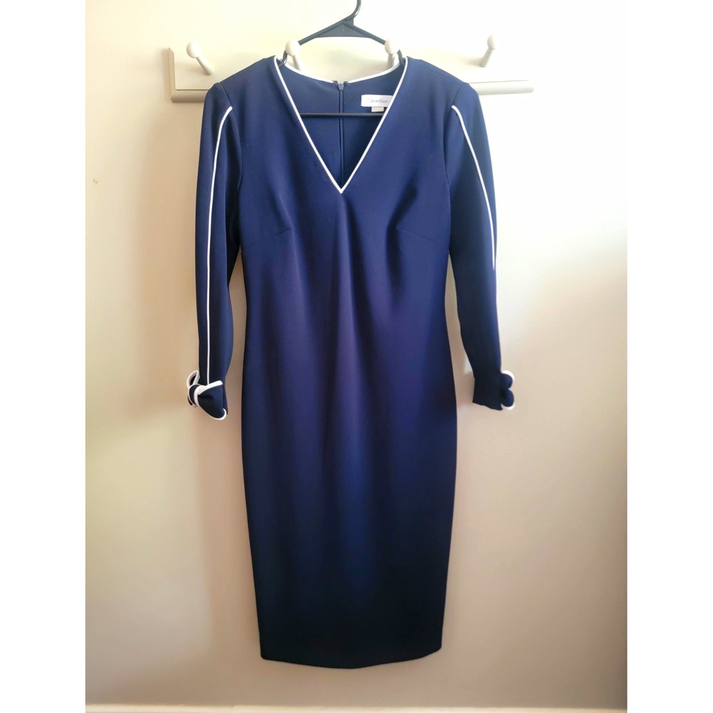 Calvin Klein Navy/White Sheath Dress Sz 4 V-Neck 3/4 Sleeve Bow Piping